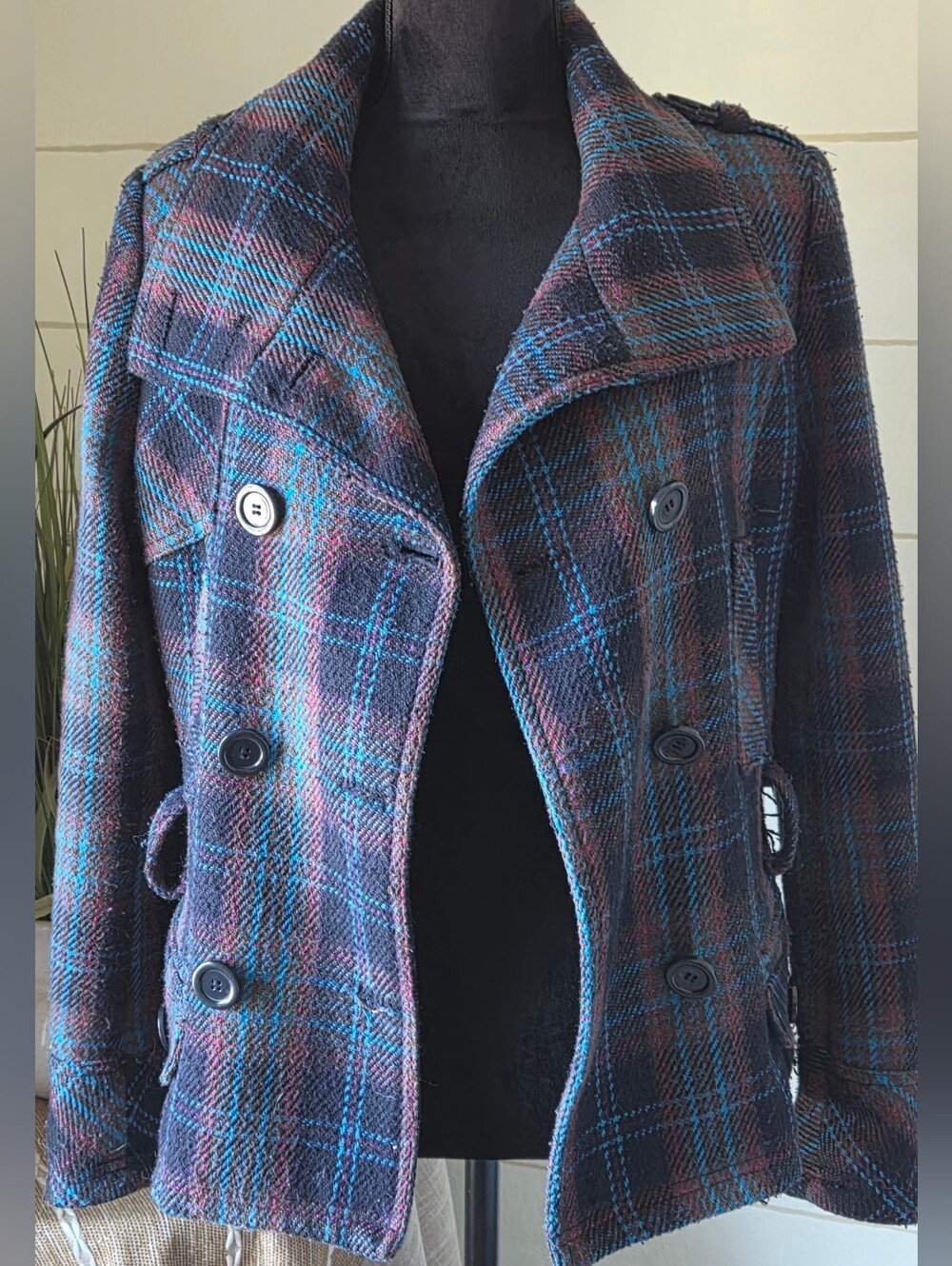 Levis Blue Wool Plaid Double Breasted Trench Belted Jacket L Equestrian Heritage